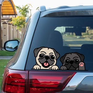 Two Cute Pugs Peeking Peek Peekabo Peekers Bumper Window Vinyl Decal Cute Puppy Funny Stickers