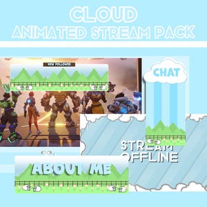 Animated Stream Pack Cloud | Cloudy Aesthetic Cute Blue Twitch Overlay, Alert, Panels, Transition | Customizable
