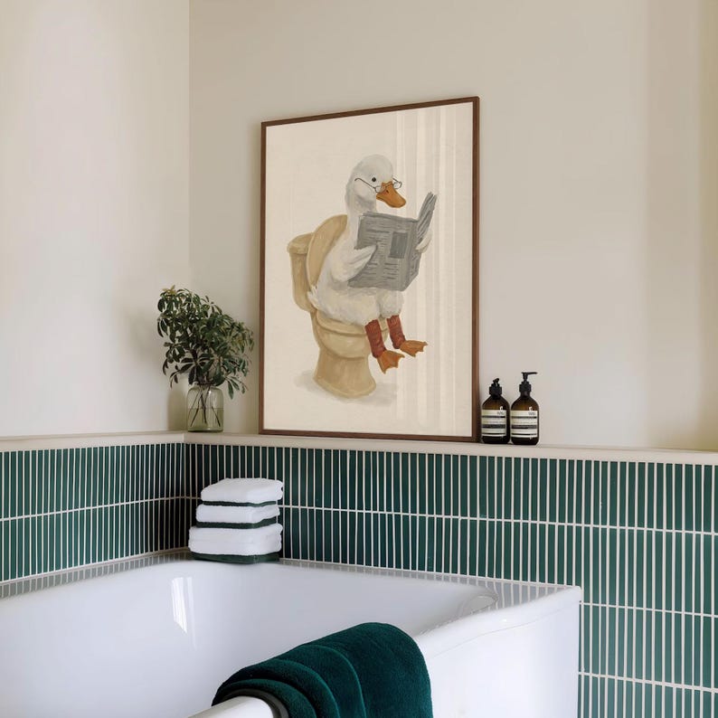Duck Reading Newspaper on Toilet | Funny Bathroom Poster | Vintage Wall ...