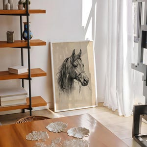Vintage horse etching sketch illustration featuring a detailed equestrian horse head drawing on an antique beige background, classic farmhouse animal wall art style.