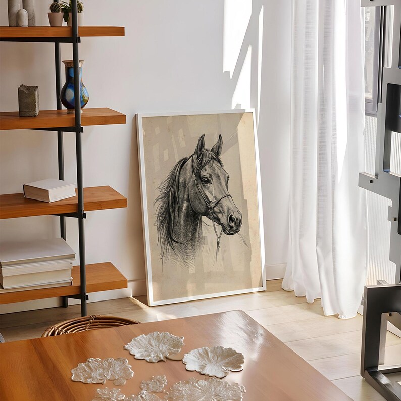 Vintage horse etching sketch illustration featuring a detailed equestrian horse head drawing on an antique beige background, classic farmhouse animal wall art style.