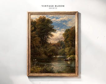Vintage River Painting | Country Landscape Muted Tones | Digital Download