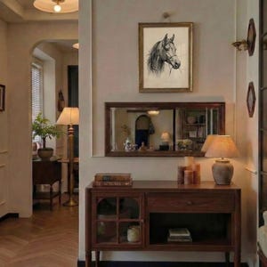 Vintage horse etching sketch illustration featuring a detailed equestrian horse head drawing on an antique beige background, classic farmhouse animal wall art style.