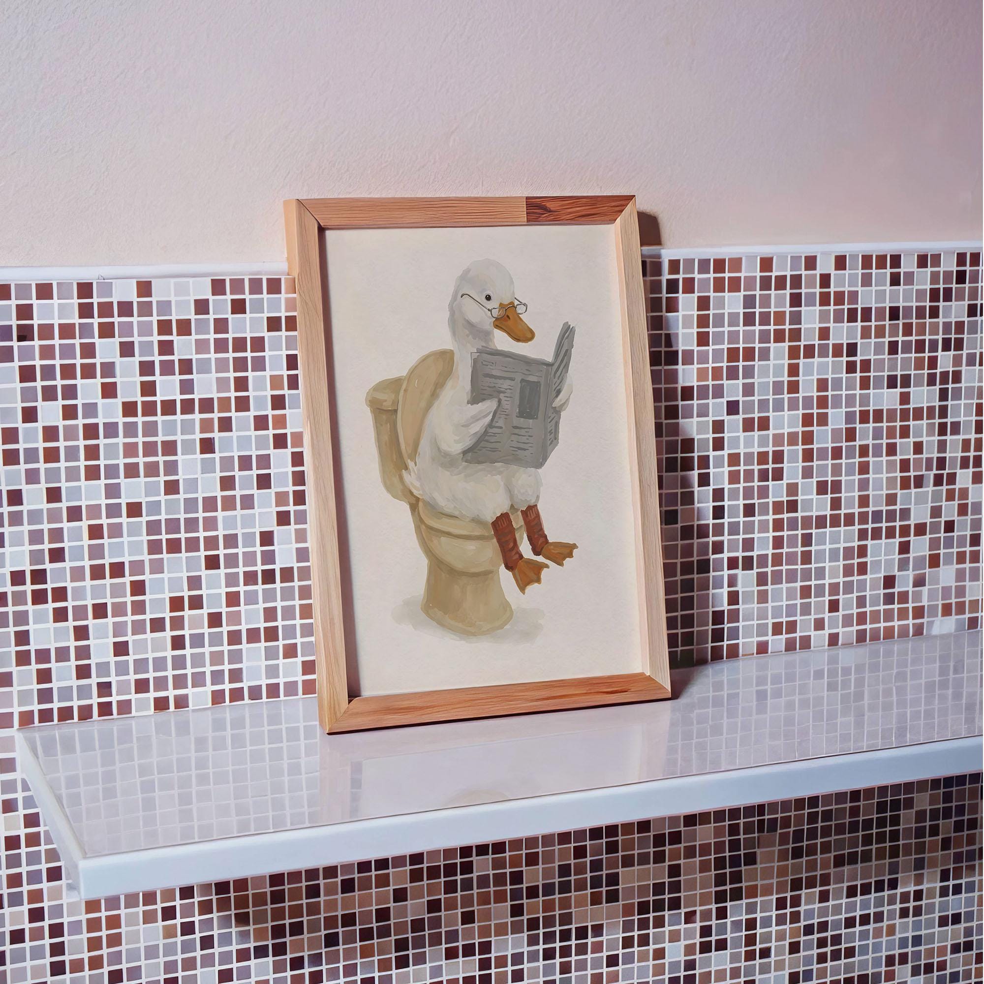 Funy Duck Reading Newspaper on Toilet | Funny Bathroom Poster | Vintage ...