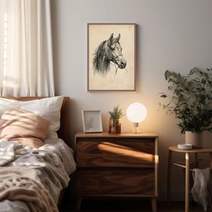 Vintage horse etching sketch illustration featuring a detailed equestrian horse head drawing on an antique beige background, classic farmhouse animal wall art style.