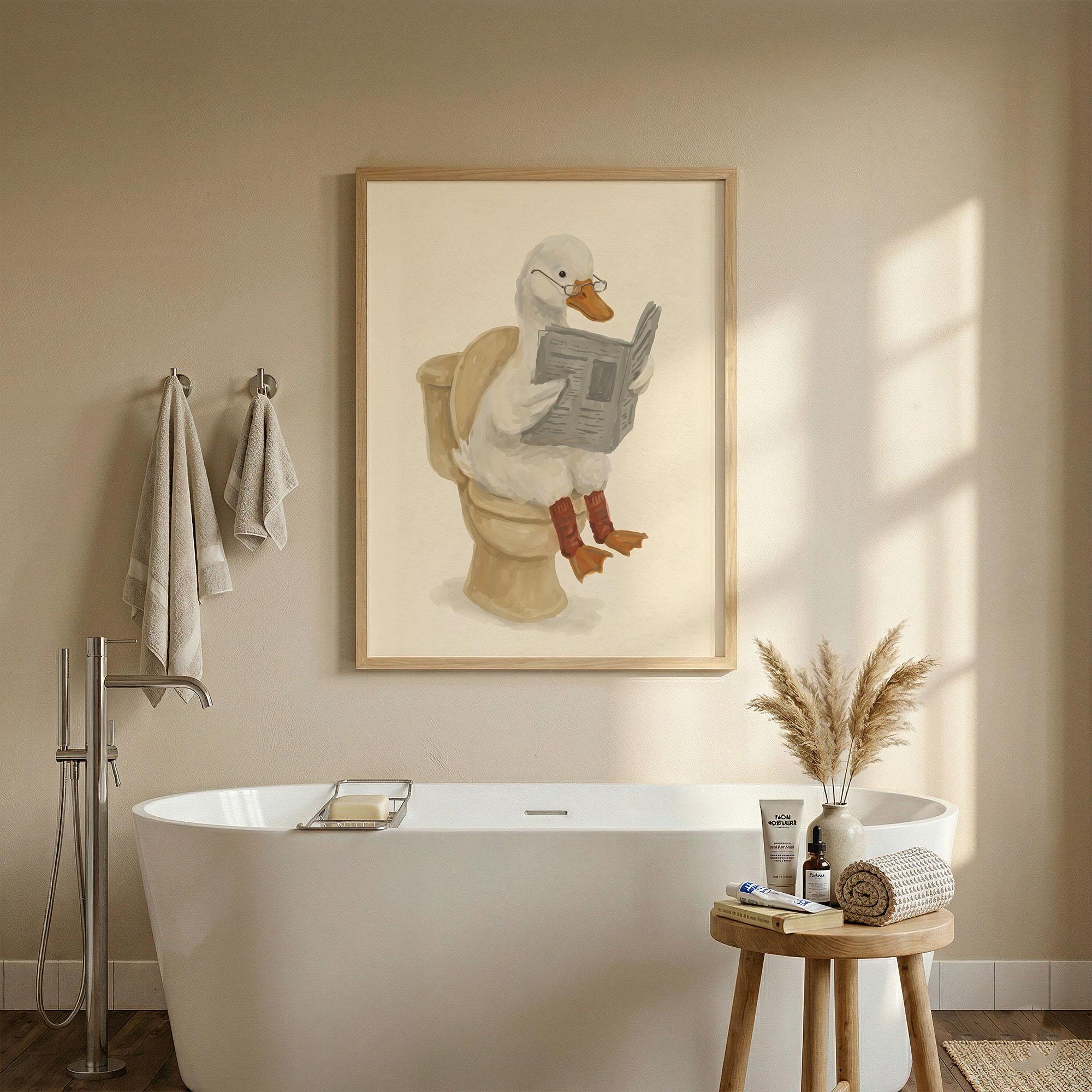 Funy Duck Reading Newspaper on Toilet | Funny Bathroom Poster | Vintage ...
