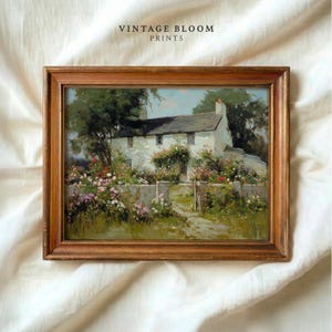Impresión de camino de jardín de cabaña vintage / Arte mural con paisaje floral romántico de la campiña inglesa / Descarga digital