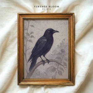 Black Raven Rustic Vintage Drawing Halloween Wall Art | Simple Primitive Dark Cottagecore Fall Decor | Digital Download