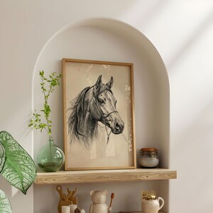 Vintage horse etching sketch illustration featuring a detailed equestrian horse head drawing on an antique beige background, classic farmhouse animal wall art style.