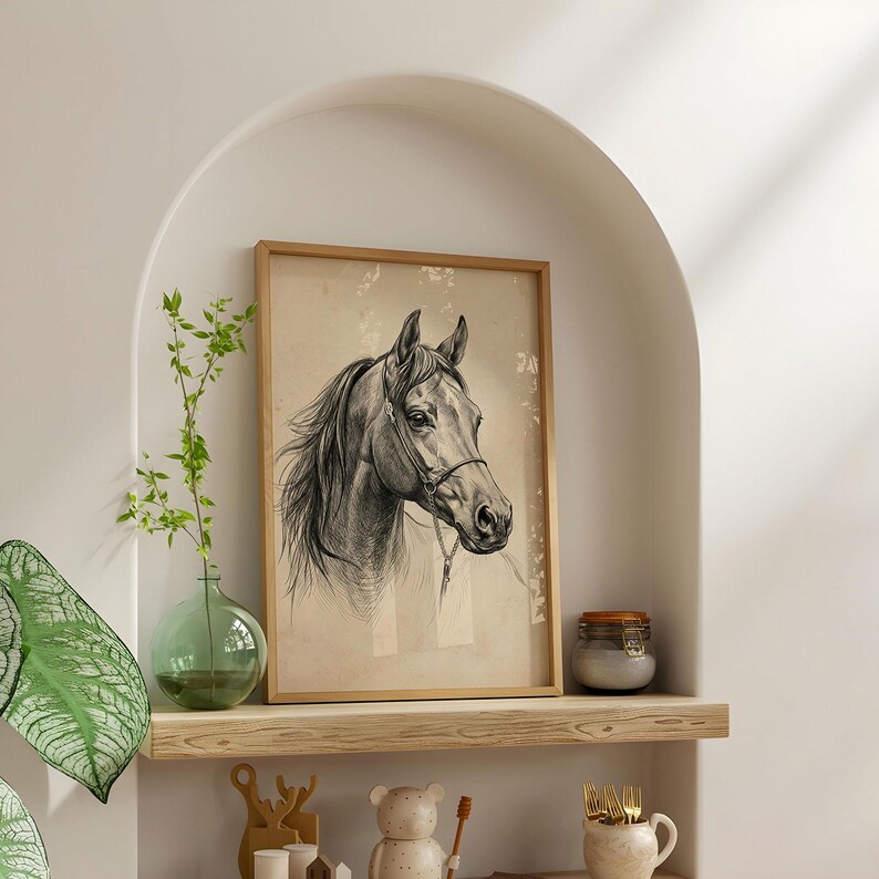 Vintage horse etching sketch illustration featuring a detailed equestrian horse head drawing on an antique beige background, classic farmhouse animal wall art style.