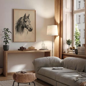 Vintage horse etching sketch illustration featuring a detailed equestrian horse head drawing on an antique beige background, classic farmhouse animal wall art style.