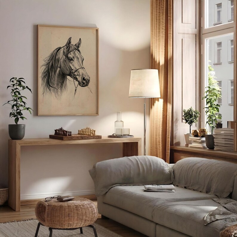 Vintage horse etching sketch illustration featuring a detailed equestrian horse head drawing on an antique beige background, classic farmhouse animal wall art style.
