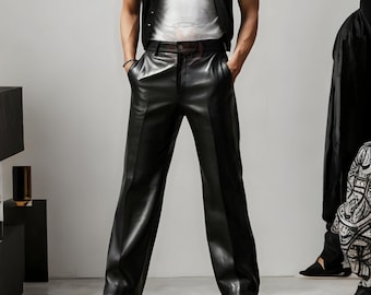 Luxury Men’s Leather Pants | Handmade Black Trousers | Classic Straight Leg | Stylish Biker Rocker