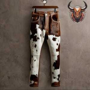 May include: Brown and white cowhide print trousers with a brown leather waistband and brown stitching. The trousers are hanging on a hanger against a brown wall.