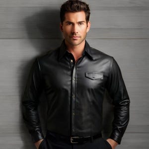 Men’s Black Leather Shirt | Genuine Handmade Button-Up | Slim Fit Biker Western Rocker Style