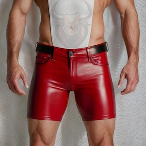 Men’s Red Leather Shorts | Handmade Genuine Sheep Leather Clubwear | Rave Festival Fetish Outfit