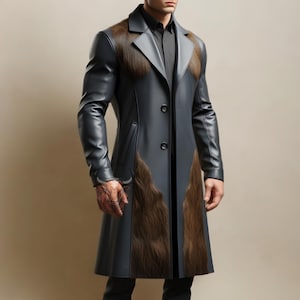 Men's Black Leather Coat with Cowhide Hair-on Panels | Handmade Western Gothic Trench Coat | Steampunk Cowboy Coat | Gift For Him