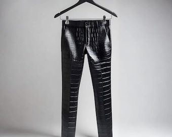 Schwarze Krokodillederhose für Herren | Slim Fit Handmade Echte Designer Hose | Gothik Biker