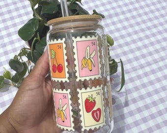 Fruity Glass Can Cup: Cherry, Strawberry, Banana & Orange Design