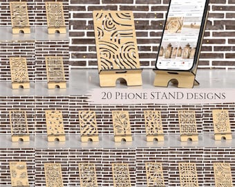 Bundle of 20 Wooden Phone Stand - Laser Cut Mobile Holder with Engraving, Digital SVG Download for Mobile Stand Craft