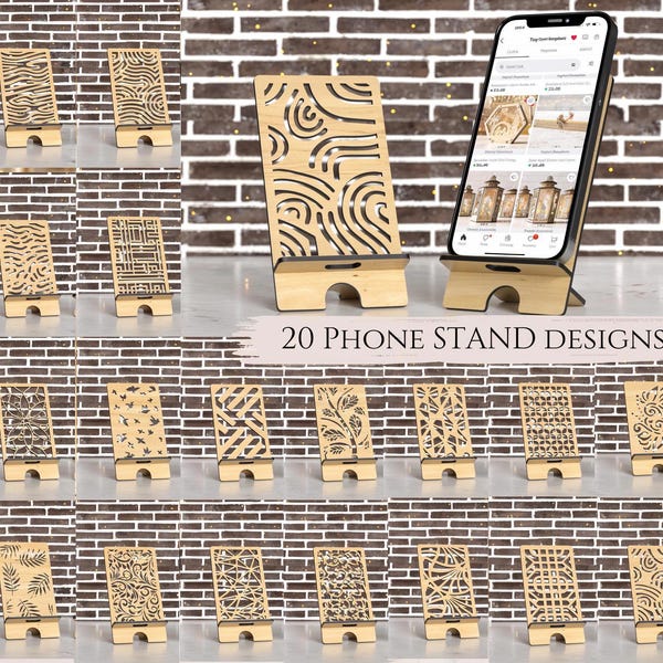 Paquete de 20 soportes de madera para teléfono: soporte para teléfono cortado con láser con grabado, descarga digital SVG para manualidades con soporte para teléfono