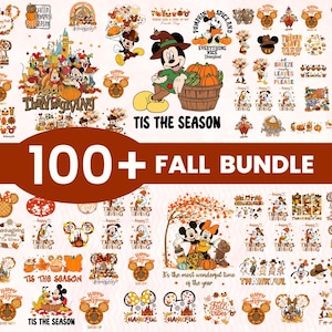 Op de afbeelding: Een verzameling herfstthema-afbeeldingen met Mickey Mouse en vrienden. De ontwerpen omvatten pompoenen, herfstbladeren en tekst zoals "Happy Thanksgiving" en "Tis the Season". De afbeelding heeft een banner met de tekst "100+ Fall Bundle".
