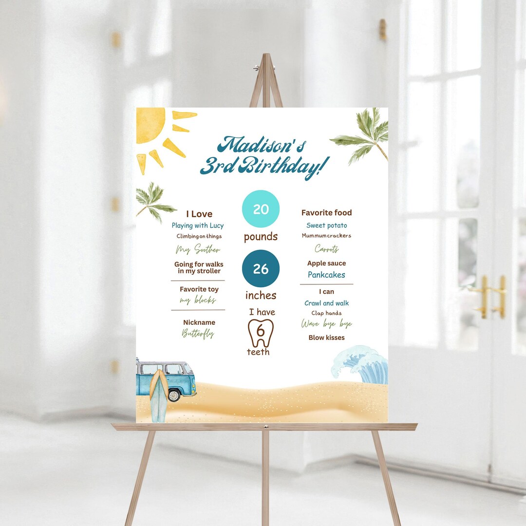Editable Surf's up Birthday Party Milestone Sign Retro Surfboard Beach ...