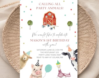 Editable Farm Animals Birthday Invitation Boy Farm Barnyard First Birthday Party Animals Confetti Download Template Printable 070