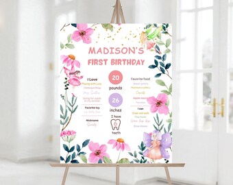 Editable Fairy First Birthday party Milestones Sign, Printable Fairy Garden Birthday Fairy Forest Girl party Sign Decor 1193