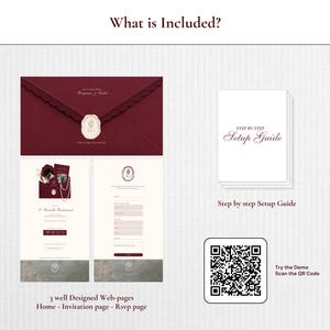 Op de afbeelding: Een digitale trouwuitnodigingsset met een donkerrode envelop met waszegel, drie webpagina's inclusief home, uitnodiging en RSVP, een gedrukte stapsgewijze handleiding en een QR-code voor een demo-scan met elegante typografie.