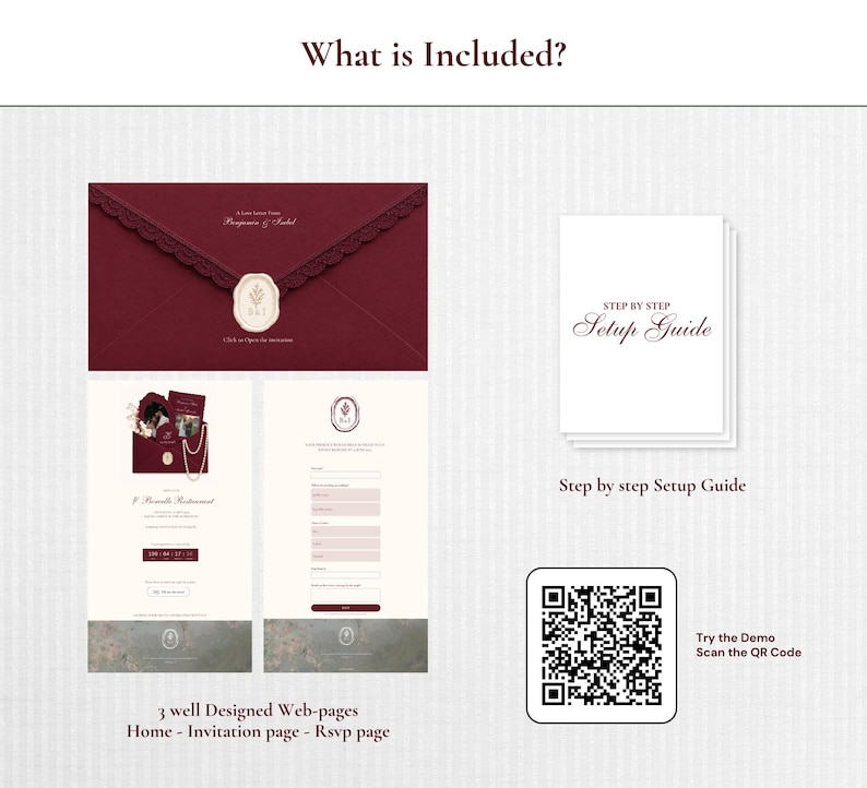 Op de afbeelding: Een digitale trouwuitnodigingsset met een donkerrode envelop met waszegel, drie webpagina's inclusief home, uitnodiging en RSVP, een gedrukte stapsgewijze handleiding en een QR-code voor een demo-scan met elegante typografie.