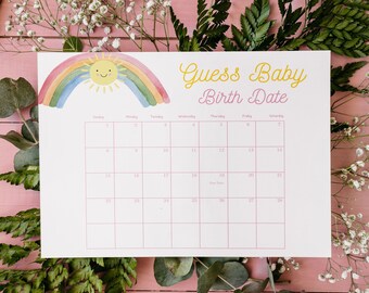 Editable Sunshine Rainbow Baby Shower Due Date Calendar, Guess Birth Date, Pastel Rainbow Little Ray of Sunshine Shower Calendar 1161