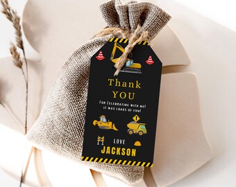 May include: Black and yellow construction themed thank you tag with the text "Thank You" and "For celebrating with me! It was loads of fun! Love Jackson".
