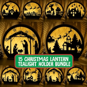 May include: A bundle of 15 Christmas lantern tealight holders. Each circular holder has a black silhouette design depicting festive scenes such as angels, reindeer, and nativity. The text "15 CHRISTMAS LANTERN TEALIGHT HOLDER BUNDLE" is visible.