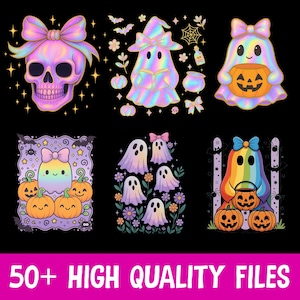 K&ouml;nnte beinhalten: Eine Sammlung farbenfroher Halloween-Grafiken auf schwarzem Hintergrund. Die Designs umfassen einen Sch&auml;del mit Schleife, Geister, K&uuml;rbisse und Flederm&auml;use. Der Text "50+ HIGH QUALITY FILES" befindet sich unten.