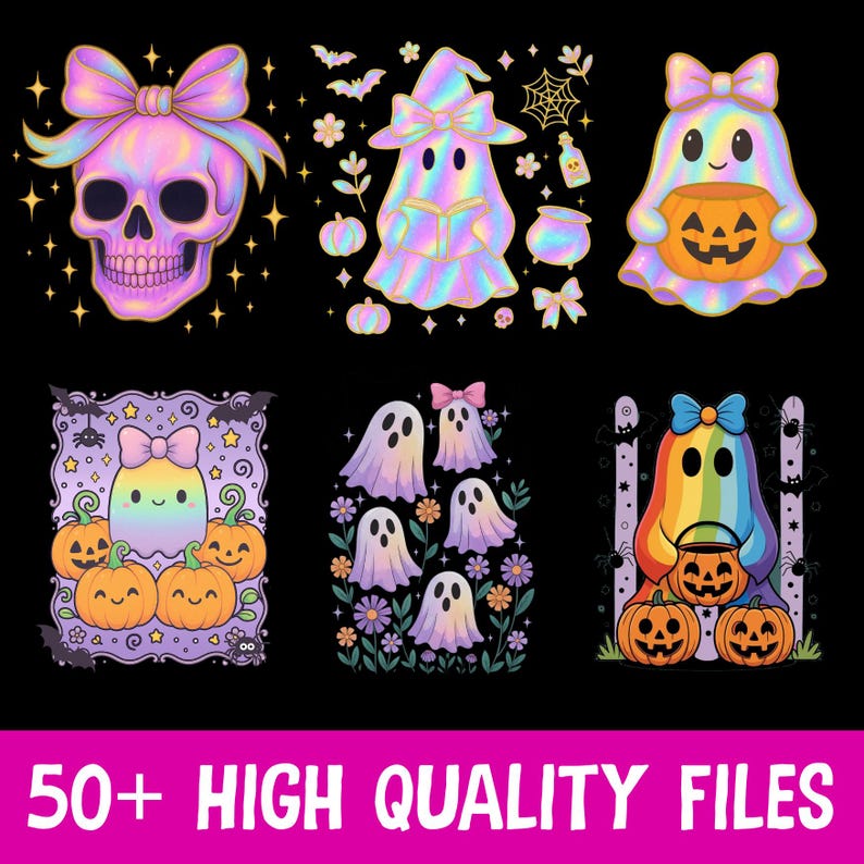 K&ouml;nnte beinhalten: Eine Sammlung farbenfroher Halloween-Grafiken auf schwarzem Hintergrund. Die Designs umfassen einen Sch&auml;del mit Schleife, Geister, K&uuml;rbisse und Flederm&auml;use. Der Text "50+ HIGH QUALITY FILES" befindet sich unten.