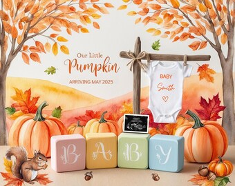 Herbst-Schwangerschaftsankündigung, Babymitteilung, digitaler Download, bearbeitbare Vorlage, Social Media Reveal, Instagram, Kürbis, den wir erwarten