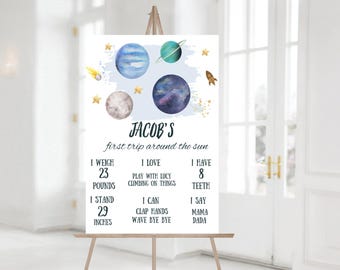 Editable Outer Space Birthday Milestones Sign First Trip Around the Sun Boy 1st Birthday Space Galaxy Planets Template Printable 121