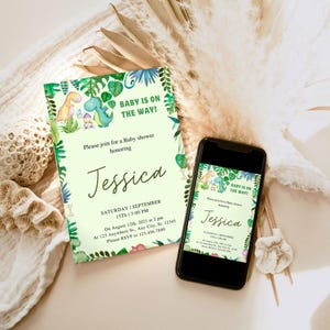 EDITABLE Dinosaur Baby Shower Invitation, Greenery Dino Baby Shower Electronic Invitation Phone Template 1230