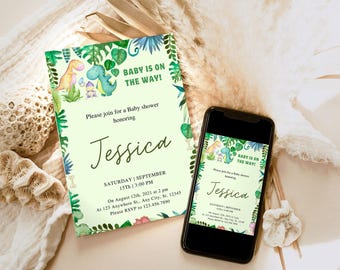 EDITABLE Dinosaur Baby Shower Invitation, Greenery Dino Baby Shower Electronic Invitation Phone Template 1230