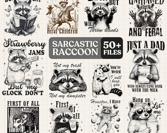 Retro Sarcastic Raccoon PNG Bundle, Funny Raccoon Design Png, Animal with Sarcastic Saying Png, Trendy RACCOON Sublimation Png