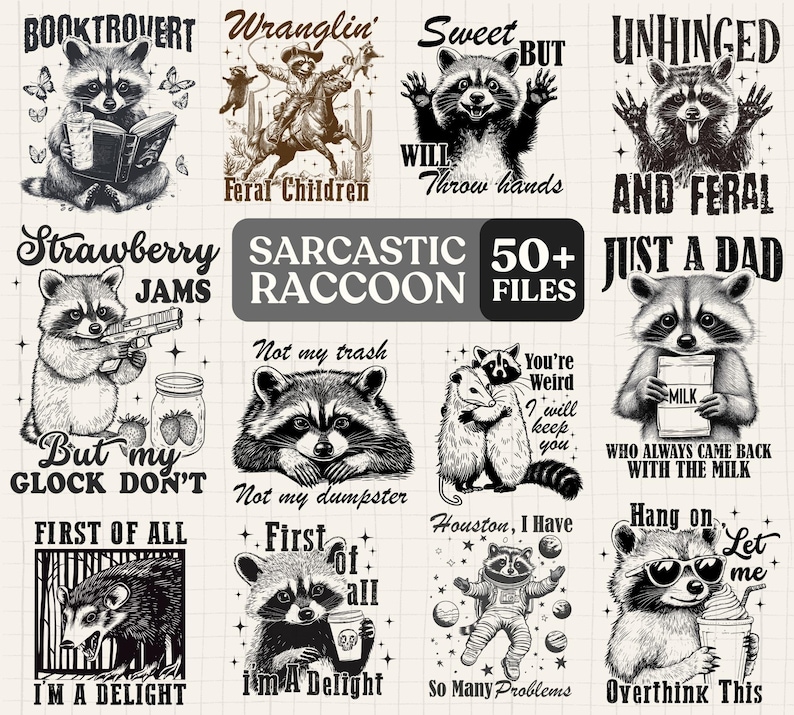Retro Sarcastic Raccoon PNG Bundle, Funny Raccoon Design Png, Animal ...