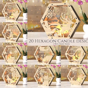 20er Set Hexagon Laser Cut Weihnachtslaterne, Kerzenhalter mit verschneiter Szene, Winterwunderland Nachtlichtdekoration, digitaler Download