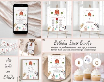 Bundle Editable Farm Animals Birthday Invitation Boy Farm Barnyard First Birthday Party Animals Confetti Download Template Printable 070