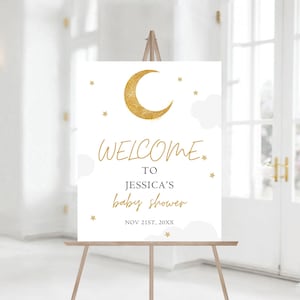 Editable Over the Moon Baby Shower Welcome Sign, Moon and Stars, Blue Twinkle Baby Shower Welcome Sign, Printable Baby Shower Sign 1212