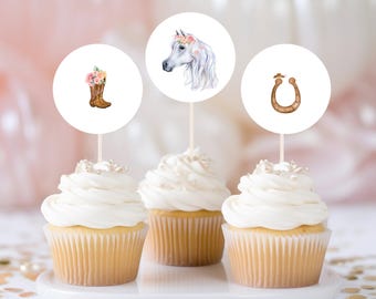 Printable Horse Cake Topper Horse Centerpieces Saddle Up Watercolor Cowgirl Party Girl Pony Birthday Decoration Floral Download Digital 058