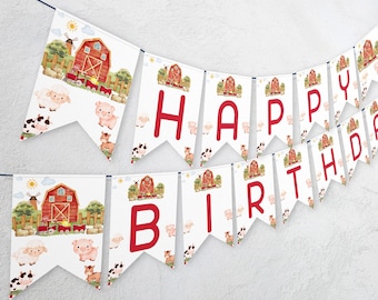 Banner de cumpleaños de fiesta de cumpleaños de granja, Banner de cumpleaños de animales de granja, Granja, Granero, Imprimible, descargar 080