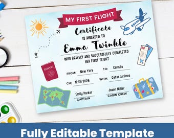 First Flight Certificate for Kids | Editable Travel Certificate | Flying Milestone Award | Vacation Gift Printable | Digital Download