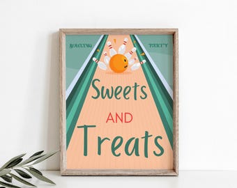 May include: A printable sign with a bowling theme. It says "Bowling Party" at the top and "Sweets and Treats" at the bottom. There is a bowling ball and pins in the middle of the sign.