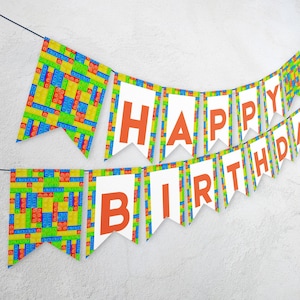 Bewerkbare Bouwstenen Verjaardagsfeestje Bouwstenen Kinderen Verjaardag Bouwstenen Gelukkige Verjaardag Banner Party banner Decoratie 1146